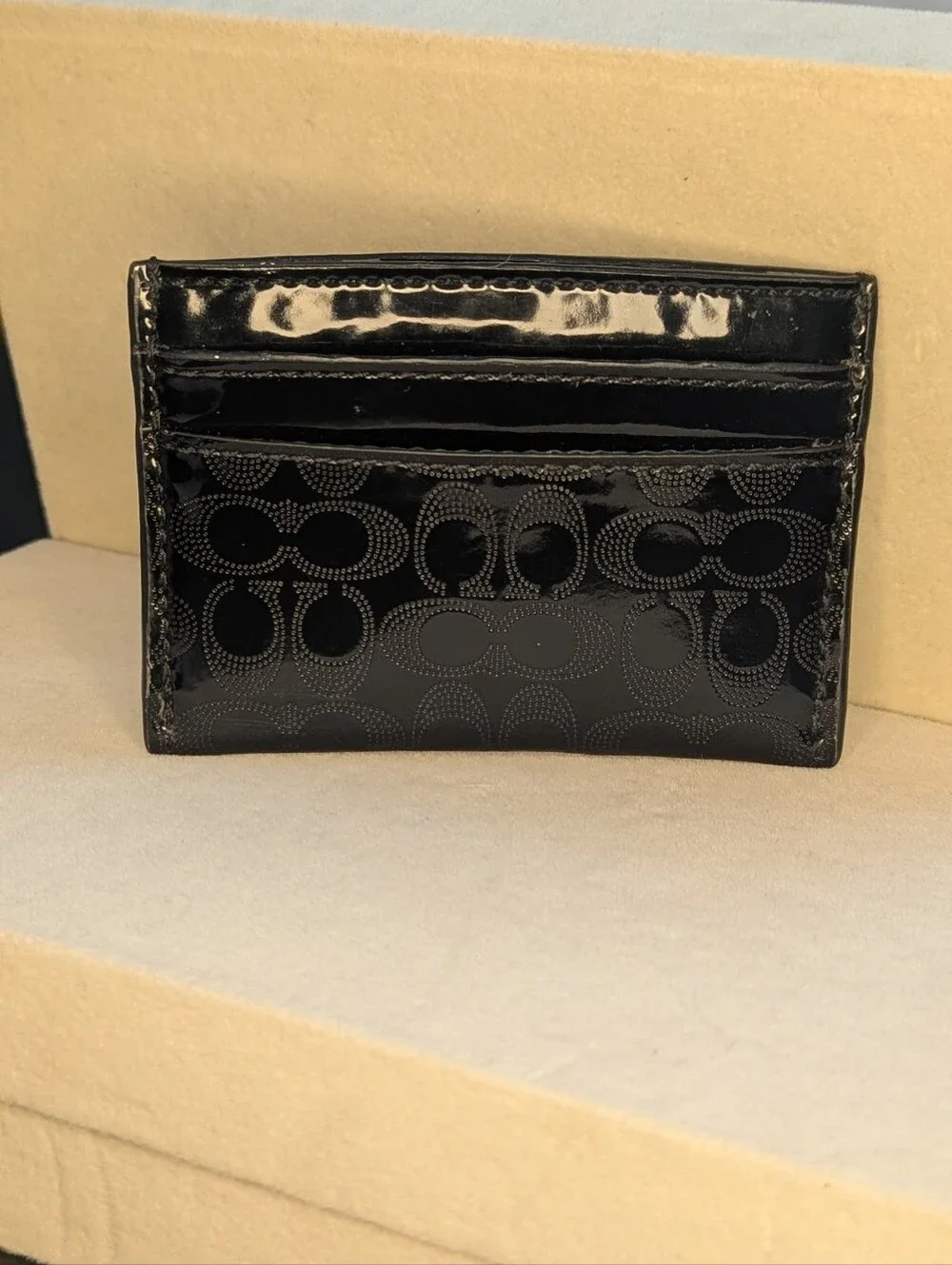 Coach Black Signature Card Holder with Silver Heart Accent